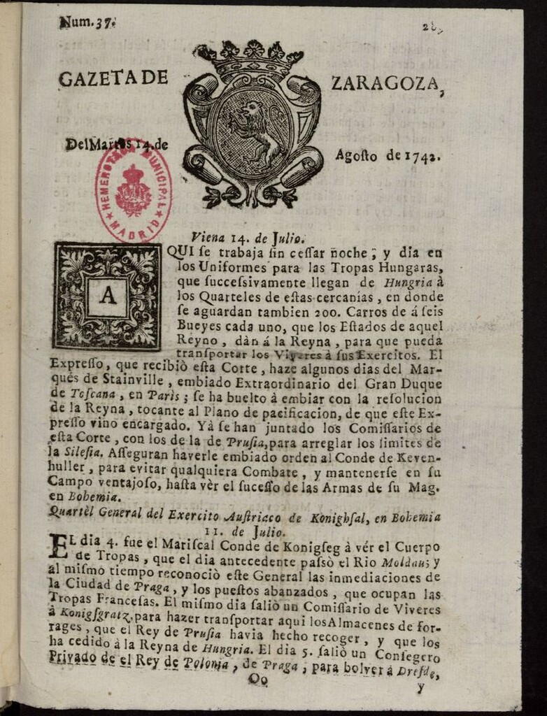 Miniatura de Gazeta de Zaragoza del 14 de agosto de 1742