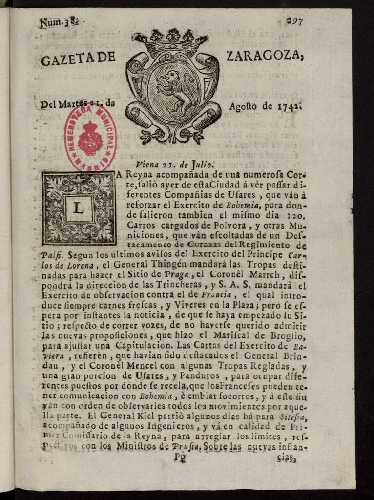 Miniatura de Gazeta de Zaragoza del 21 de agosto de 1742