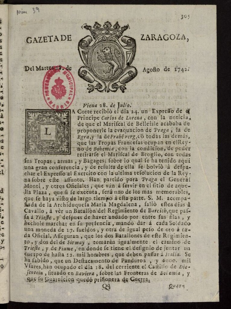 Miniatura de Gazeta de Zaragoza del 28 de agosto de 1742