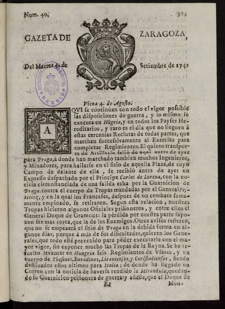 Miniatura de Gazeta de Zaragoza del 4 de septiembre de 1742
