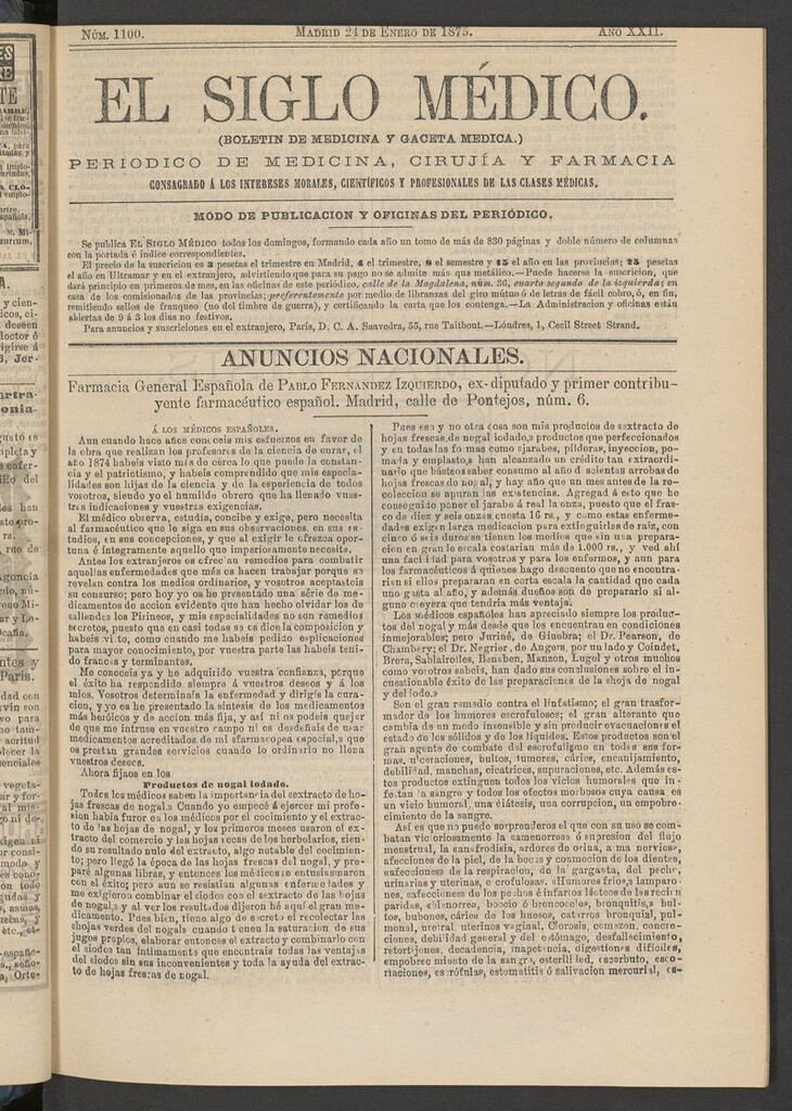 Miniatura de El Siglo Médico: boletín de medicina y gaceta médica del 24 de enero de 1875