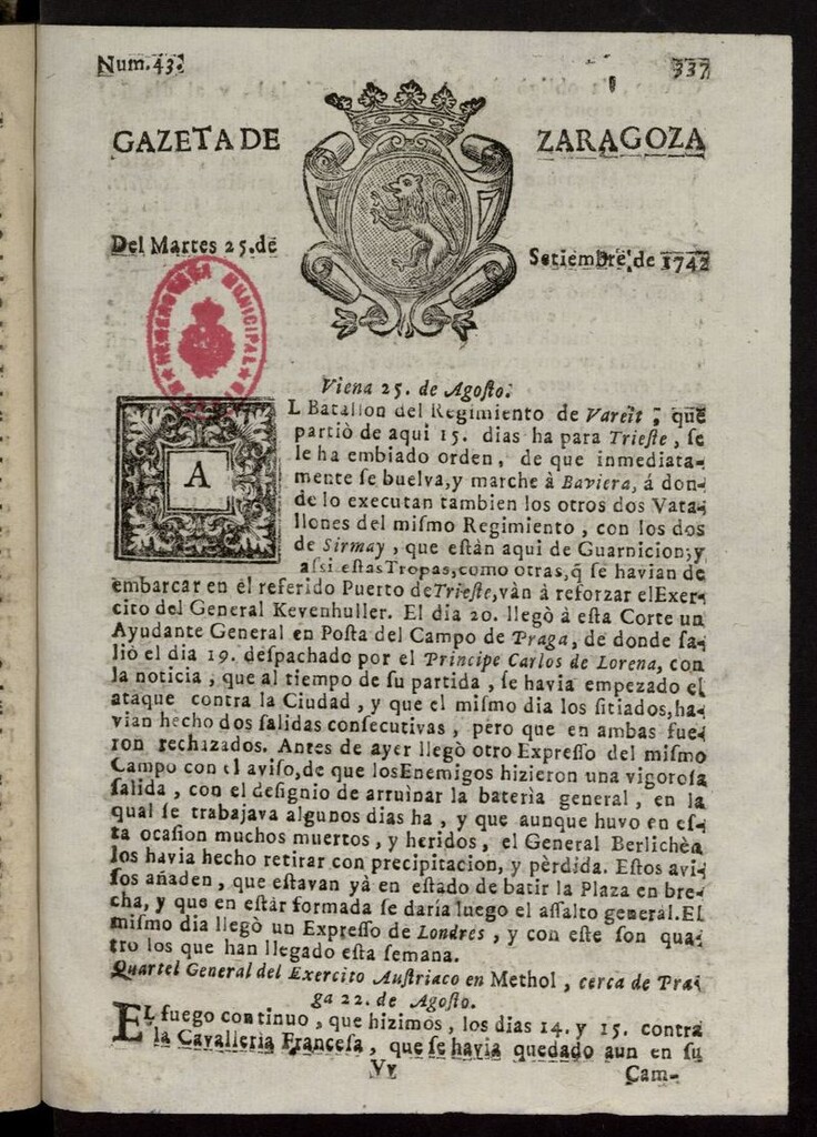Miniatura de Gazeta de Zaragoza del 25 de septiembre de 1742