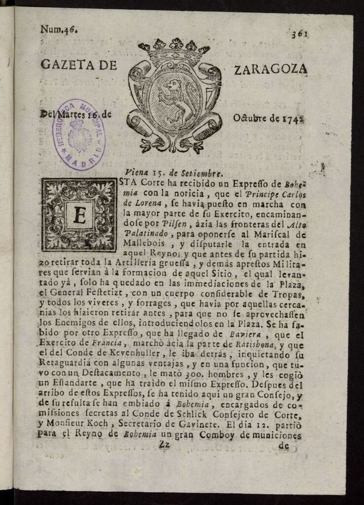 Miniatura de Gazeta de Zaragoza del 16 de octubre de 1742