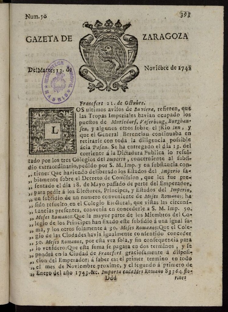 Miniatura de Gazeta de Zaragoza del 13 de noviembre de 1742