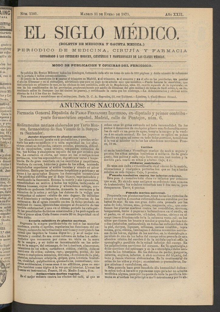 Miniatura de El Siglo Médico: boletín de medicina y gaceta médica del 31 de enero de 1875