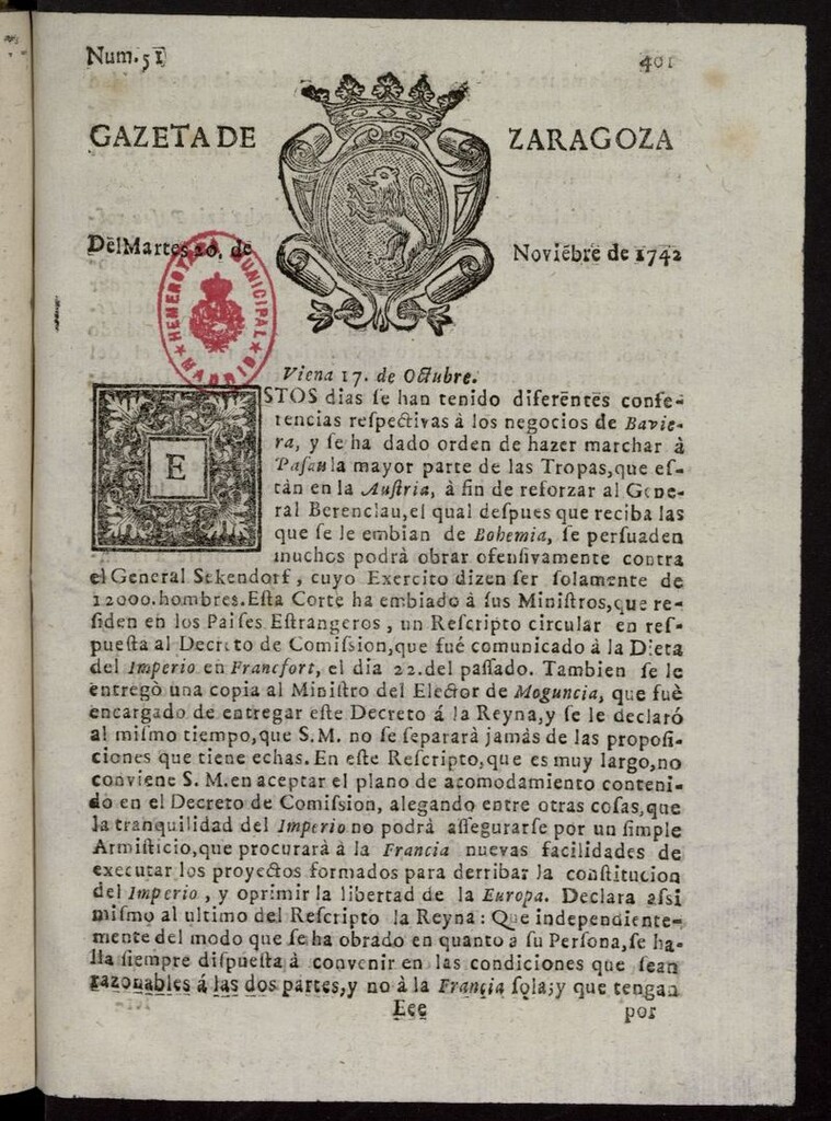 Miniatura de Gazeta de Zaragoza del 20 de noviembre de 1742