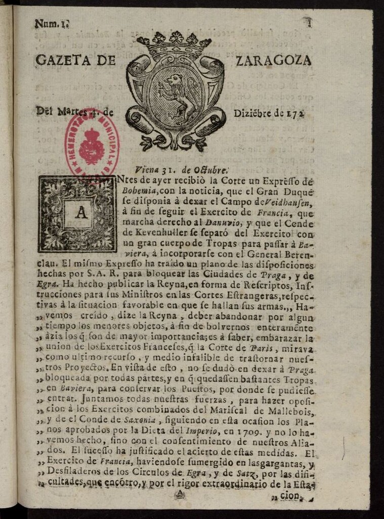 Miniatura de Gazeta de Zaragoza del 4 de diciembre de 1742