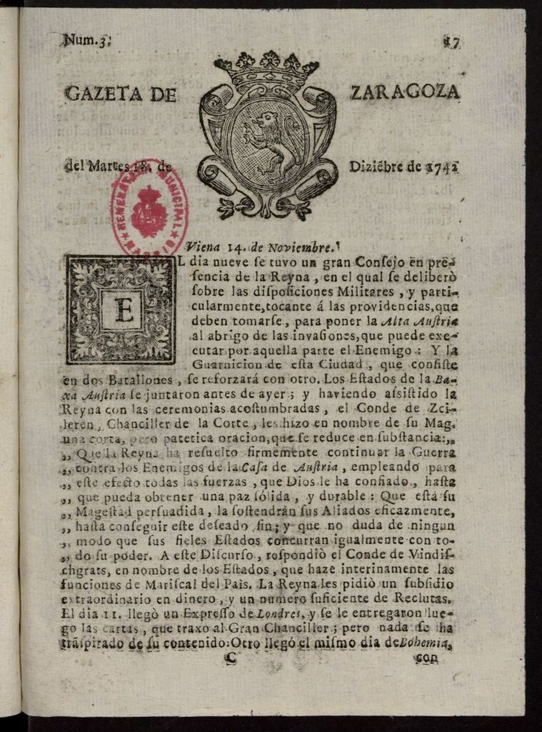 Miniatura de Gazeta de Zaragoza del 18 de diciembre de 1742