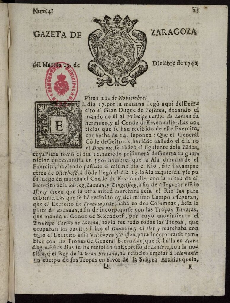 Miniatura de Gazeta de Zaragoza del 25 de diciembre de 1742