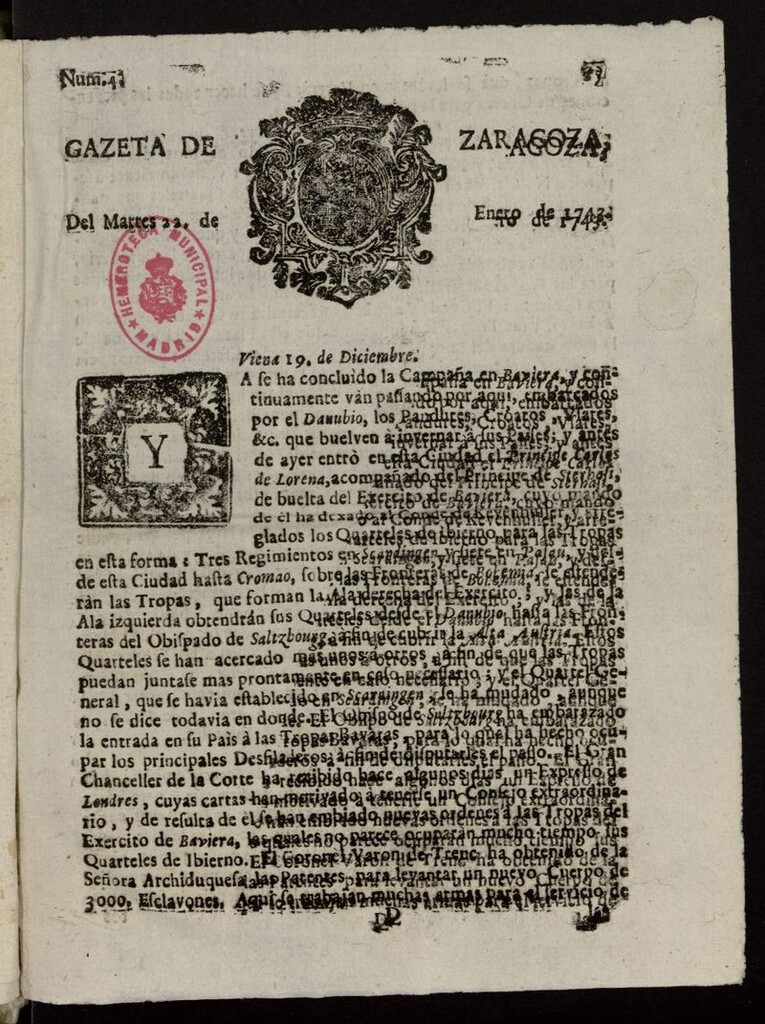 Miniatura de Gazeta de Zaragoza del 22 de enero de 1743