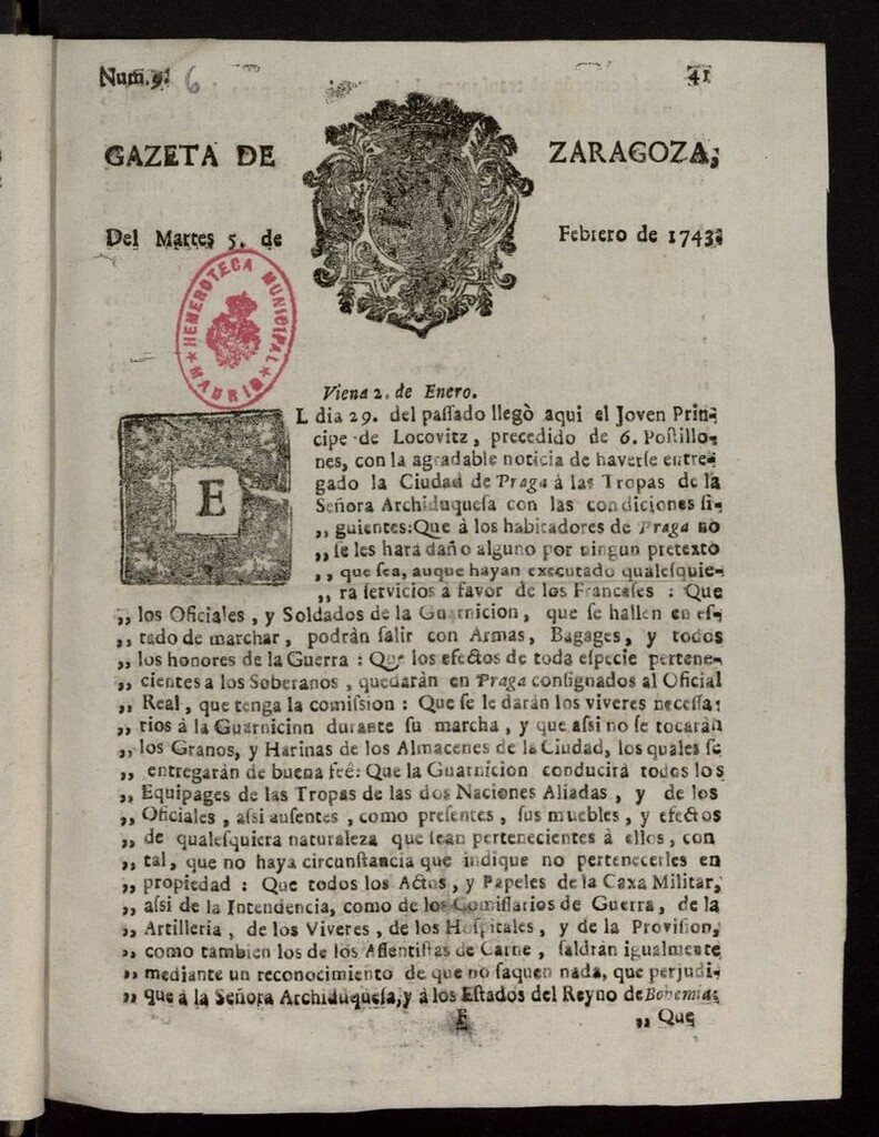 Miniatura de Gazeta de Zaragoza del 5 de febrero de 1743