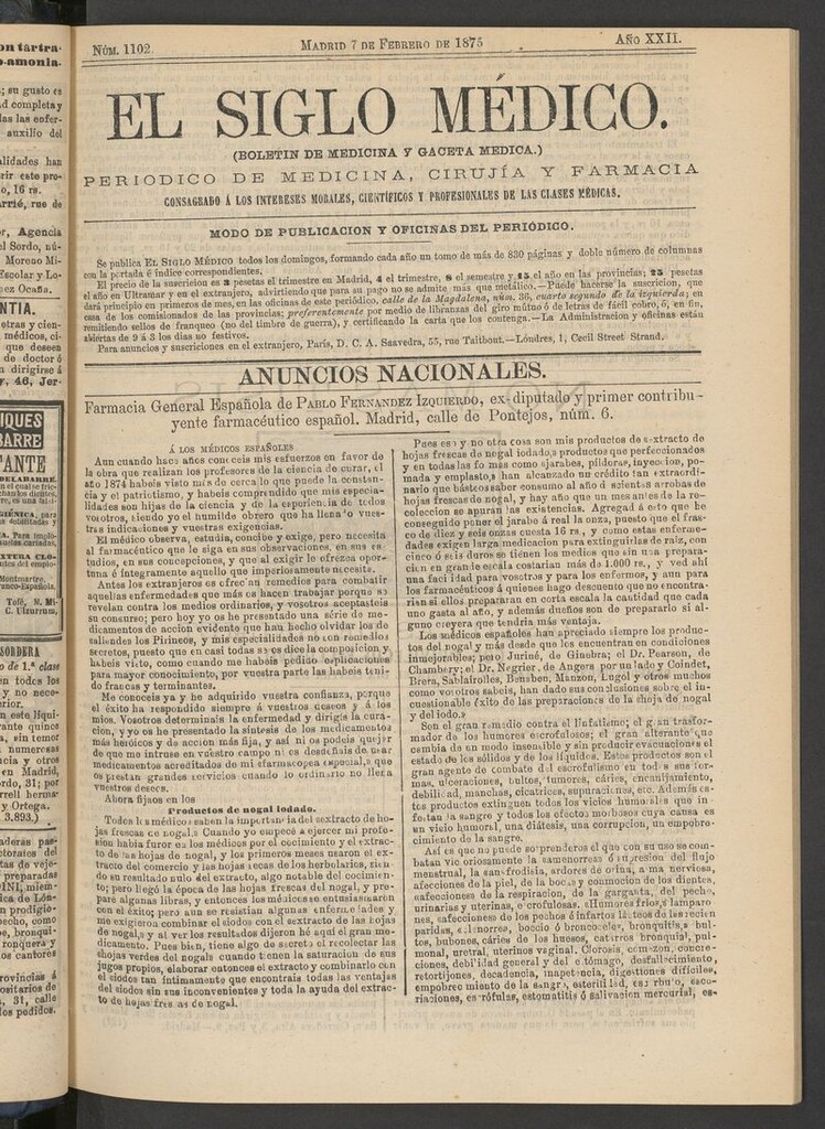 Miniatura de El Siglo Médico: boletín de medicina y gaceta médica del 7 de febrero de 1875