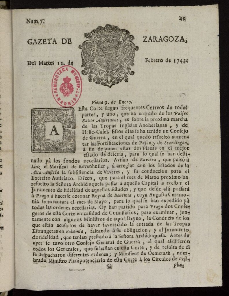 Miniatura de Gazeta de Zaragoza del 12 de febrero de 1743