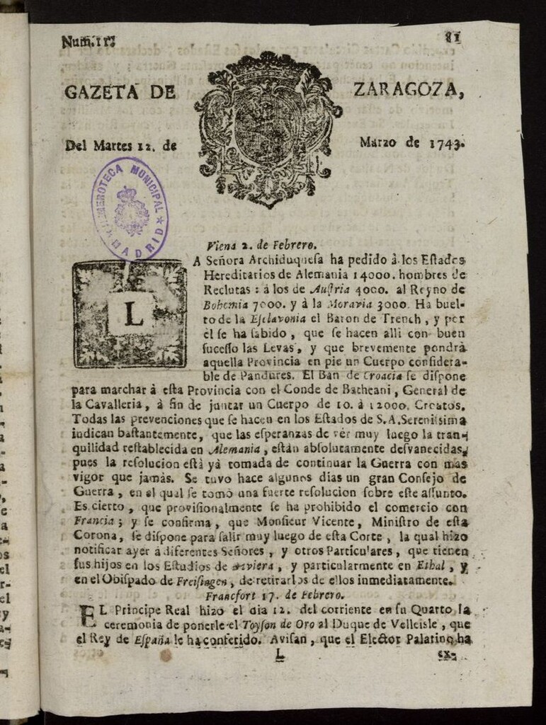 Miniatura de Gazeta de Zaragoza del 12 de marzo de 1743