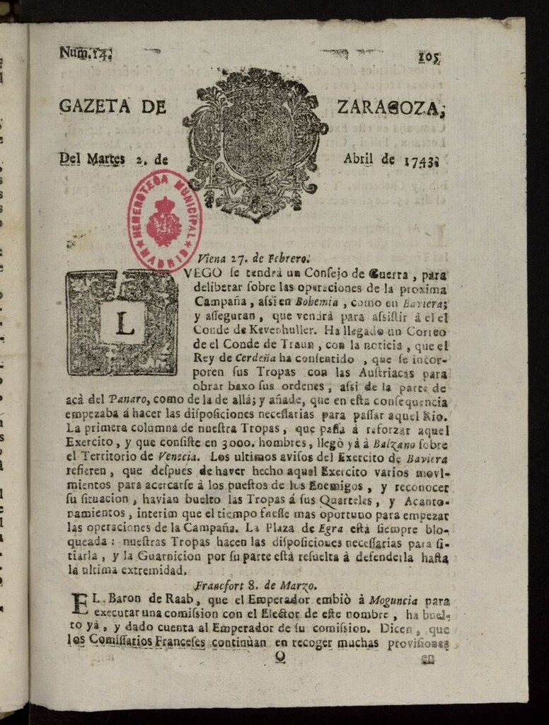 Miniatura de Gazeta de Zaragoza del 2 de abril de 1743