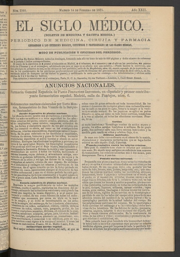 Miniatura de El Siglo Médico: boletín de medicina y gaceta médica del 14 de febrero de 1875
