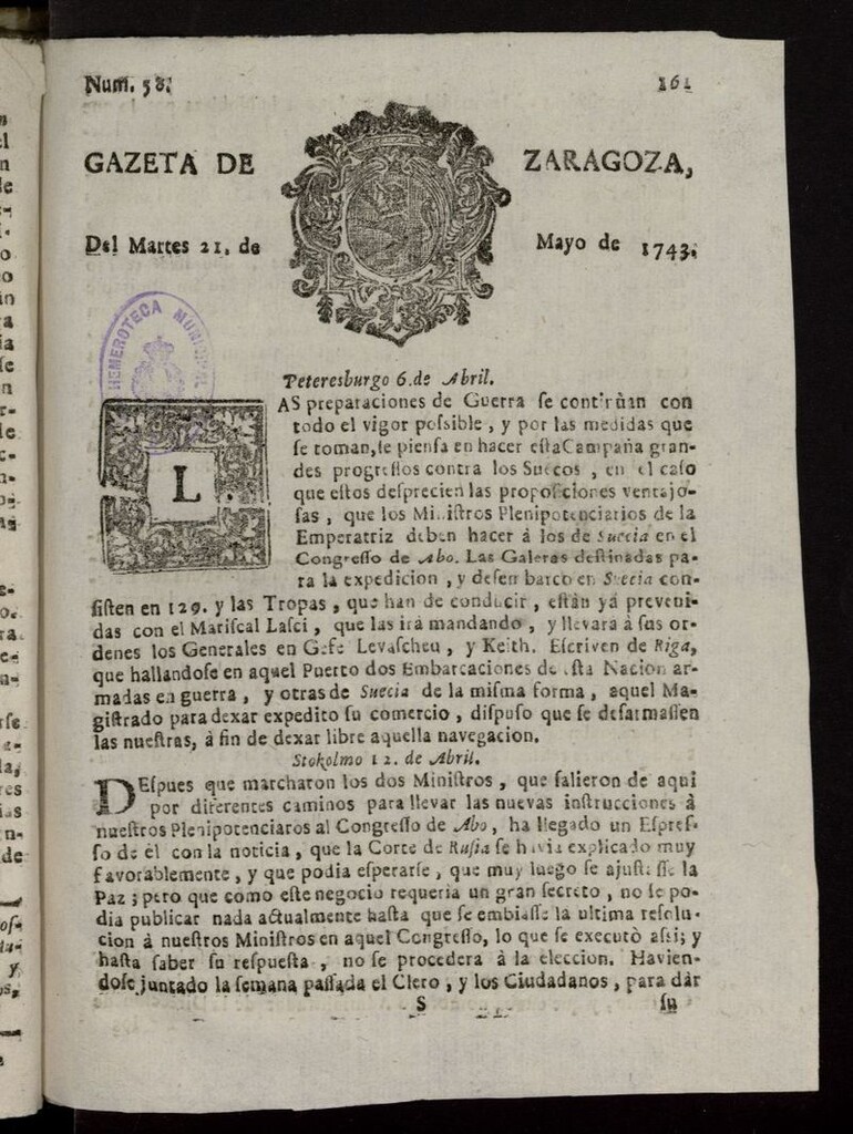 Miniatura de Gazeta de Zaragoza del 21 de mayo de 1743