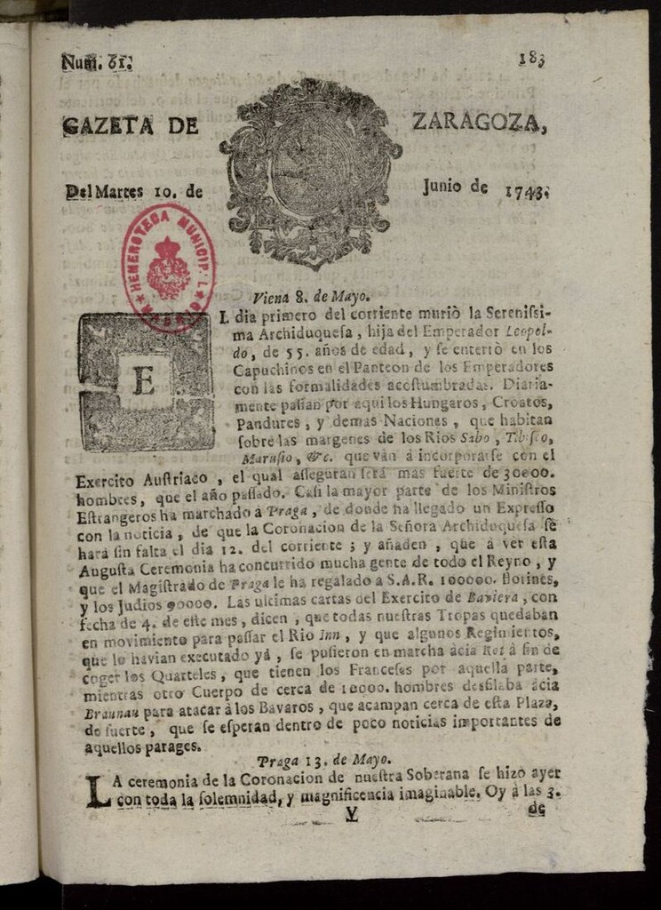 Miniatura de Gazeta de Zaragoza del 10 de junio de 1743