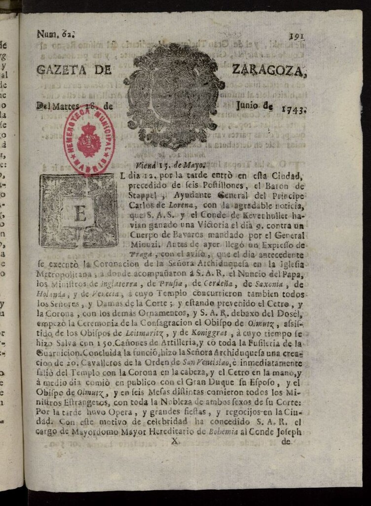 Miniatura de Gazeta de Zaragoza del 18 de junio de 1743
