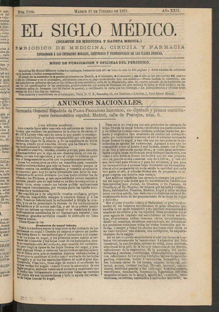 Miniatura de El Siglo Médico: boletín de medicina y gaceta médica del 21 de febrero de 1875