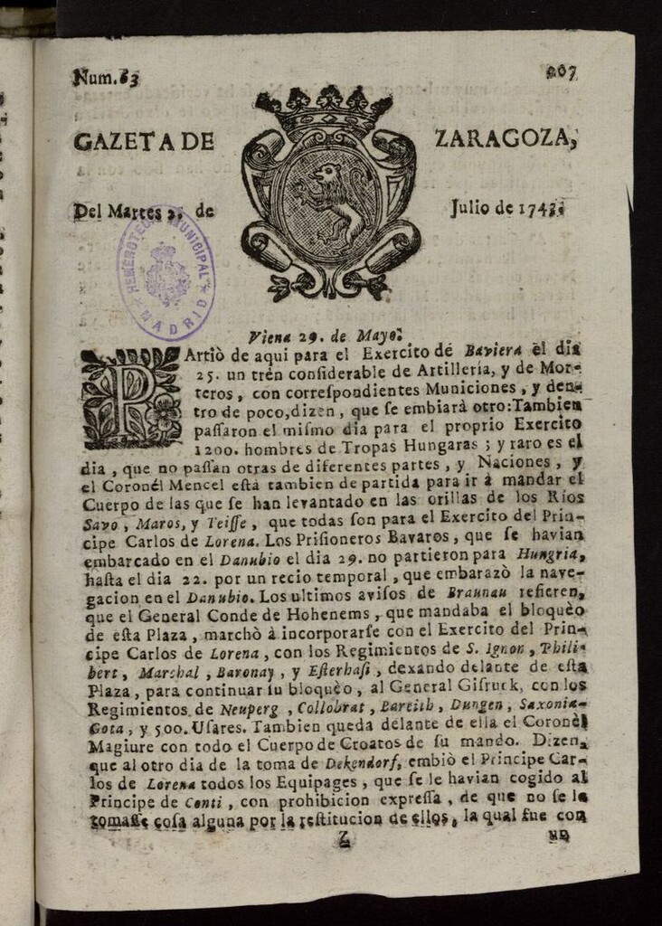 Miniatura de Gazeta de Zaragoza del 3 de julio de 1743