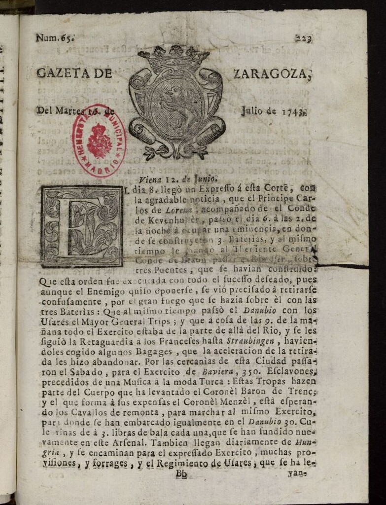 Miniatura de Gazeta de Zaragoza del 16 de julio de 1743