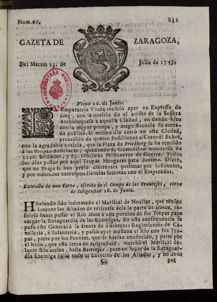 Miniatura de Gazeta de Zaragoza del 23 de julio de 1743