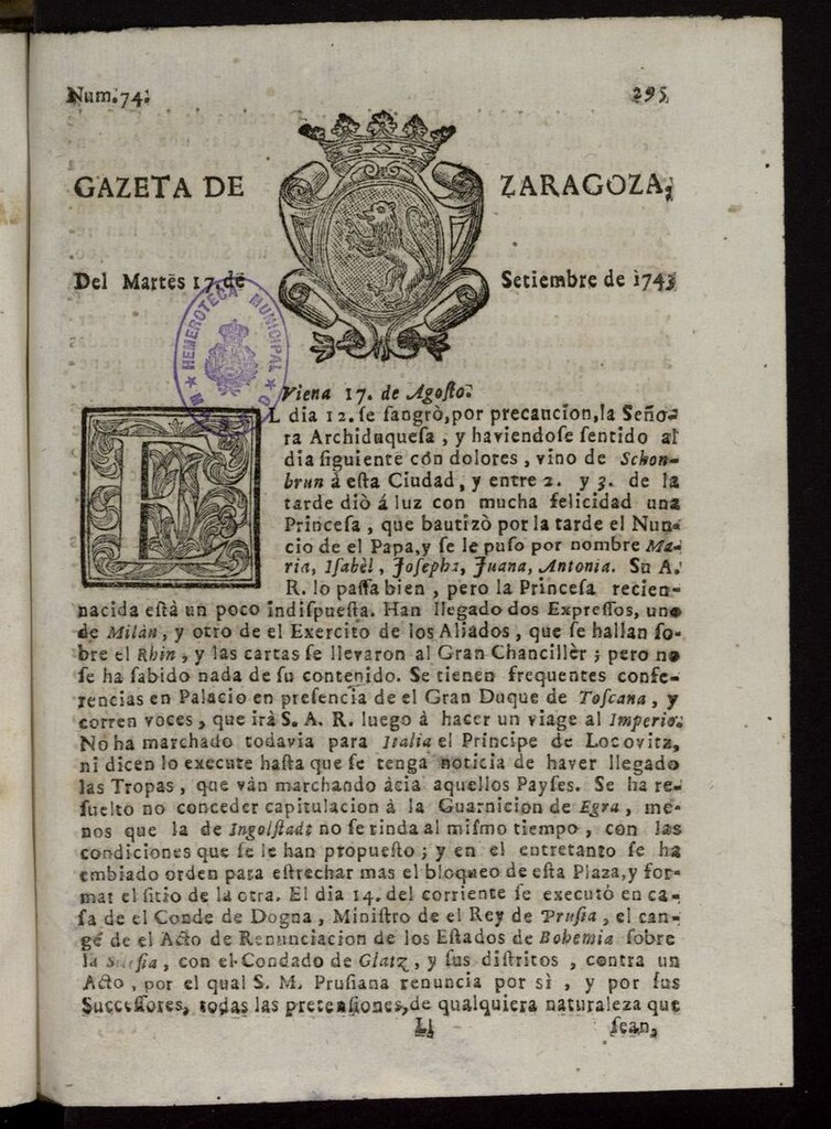 Miniatura de Gazeta de Zaragoza del 17 de septiembre de 1743