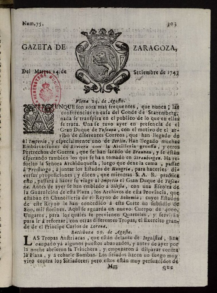Miniatura de Gazeta de Zaragoza del 24 de septiembre de 1743