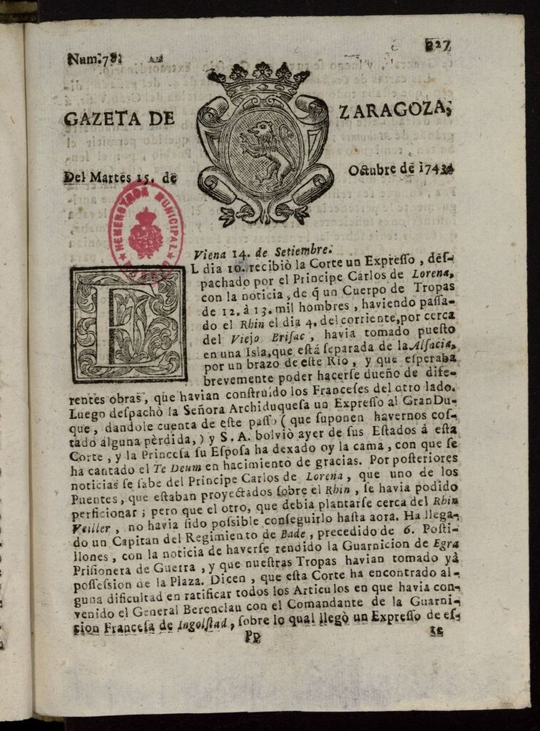 Miniatura de Gazeta de Zaragoza del 15 de octubre de 1743