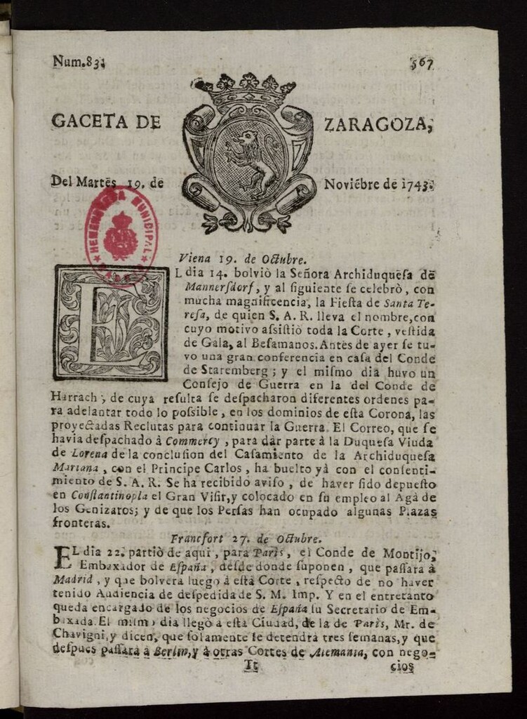 Miniatura de Gazeta de Zaragoza del 19 de noviembre de 1743