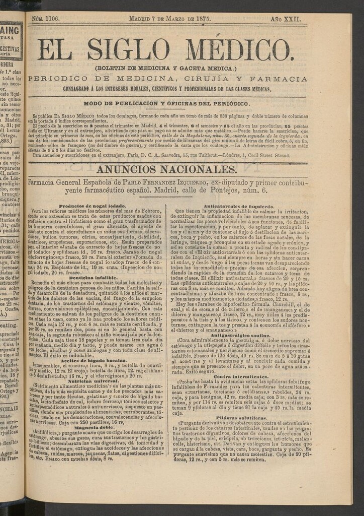 Miniatura de El Siglo Médico: boletín de medicina y gaceta médica del 7 de marzo de 1875