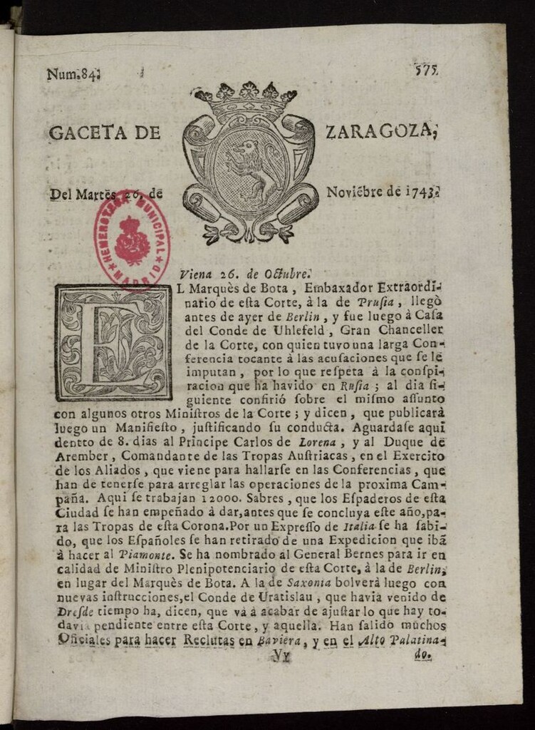 Miniatura de Gazeta de Zaragoza del 26 de noviembre de 1743