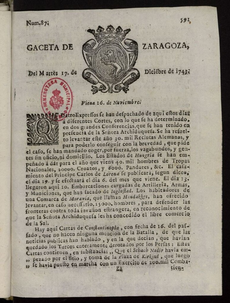 Miniatura de Gazeta de Zaragoza del 17 de diciembre de 1743