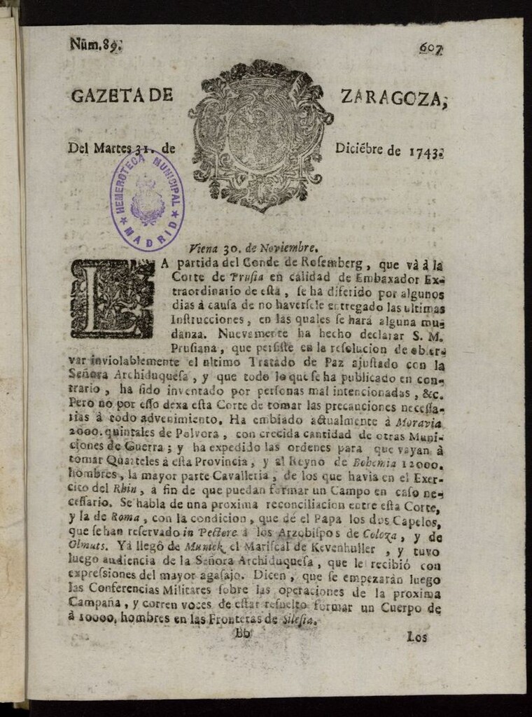 Miniatura de Gazeta de Zaragoza del 31 de diciembre de 1743