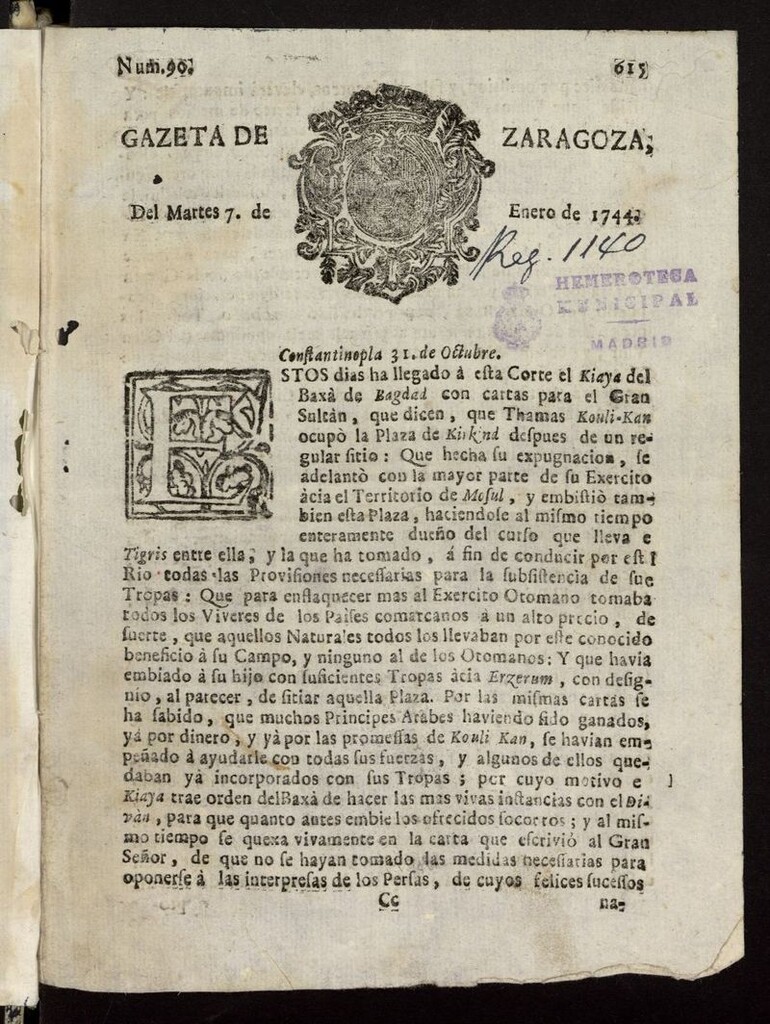 Miniatura de Gazeta de Zaragoza del 7 de enero de 1744