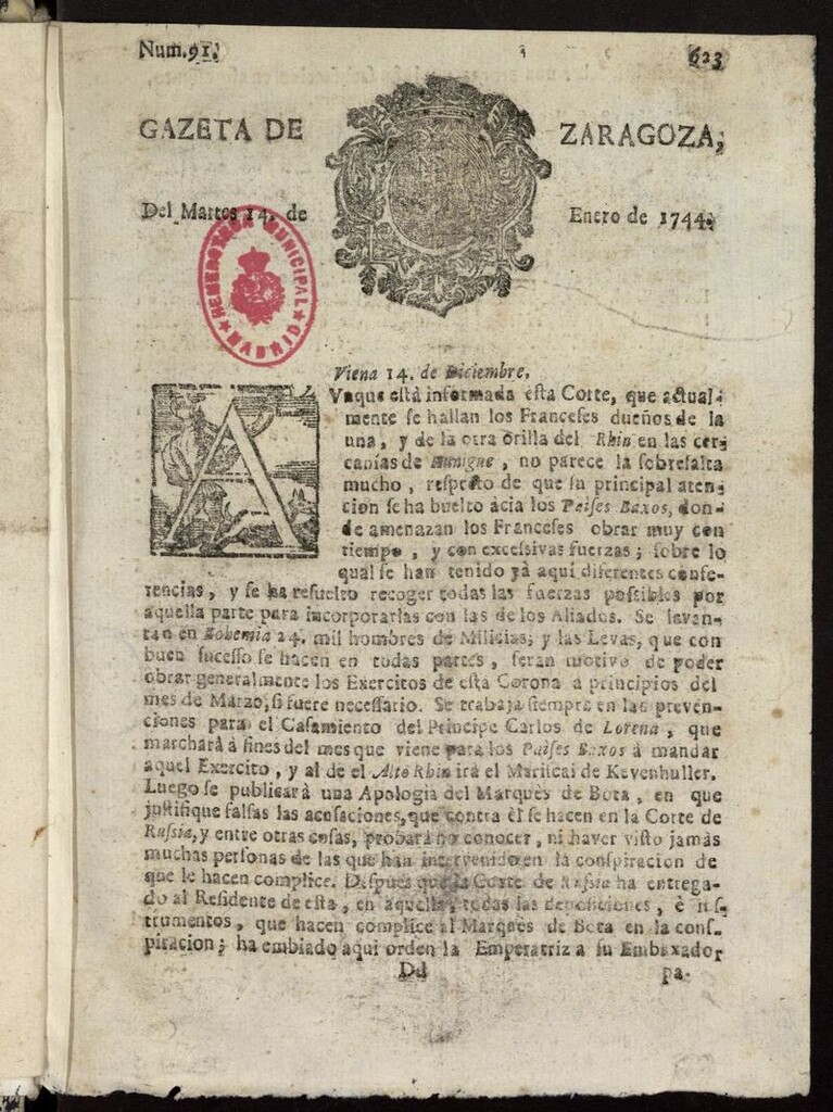 Miniatura de Gazeta de Zaragoza del 14 de enero de 1744