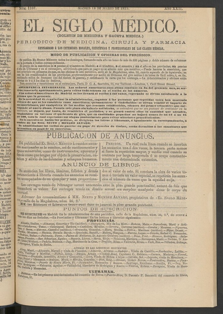 Miniatura de El Siglo Médico: boletín de medicina y gaceta médica del 14 de marzo de 1875