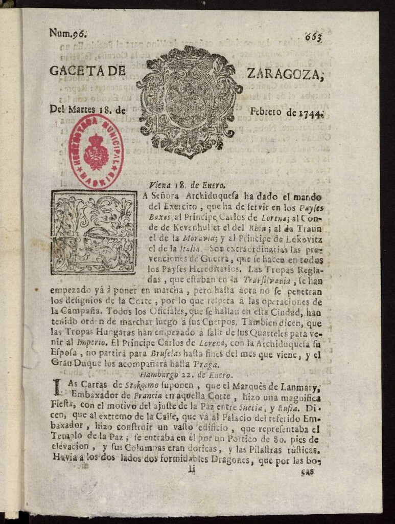 Miniatura de Gazeta de Zaragoza del 18 de febrero de 1744