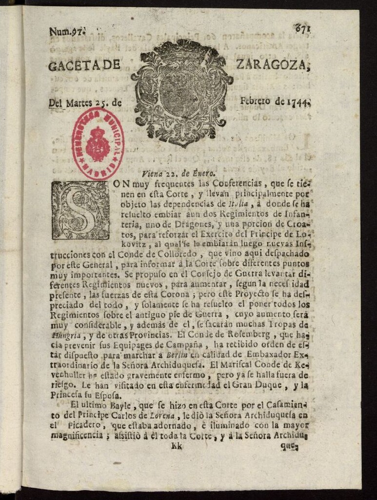 Miniatura de Gazeta de Zaragoza del 25 de febrero de 1744