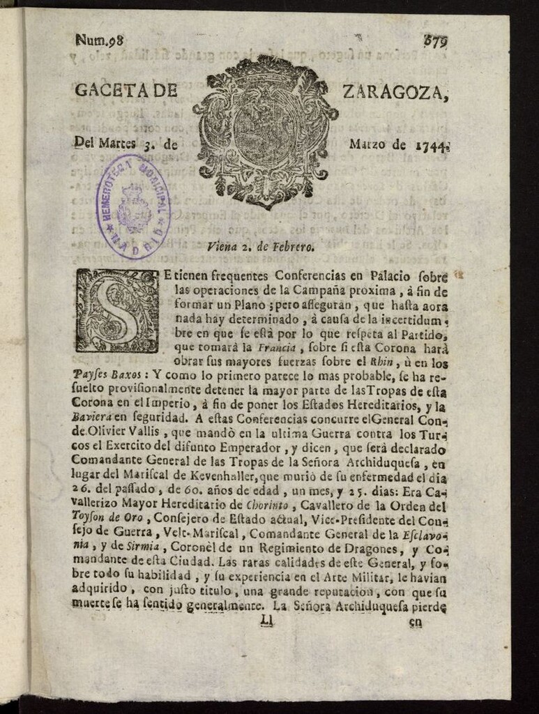 Miniatura de Gazeta de Zaragoza del 3 de marzo de 1744