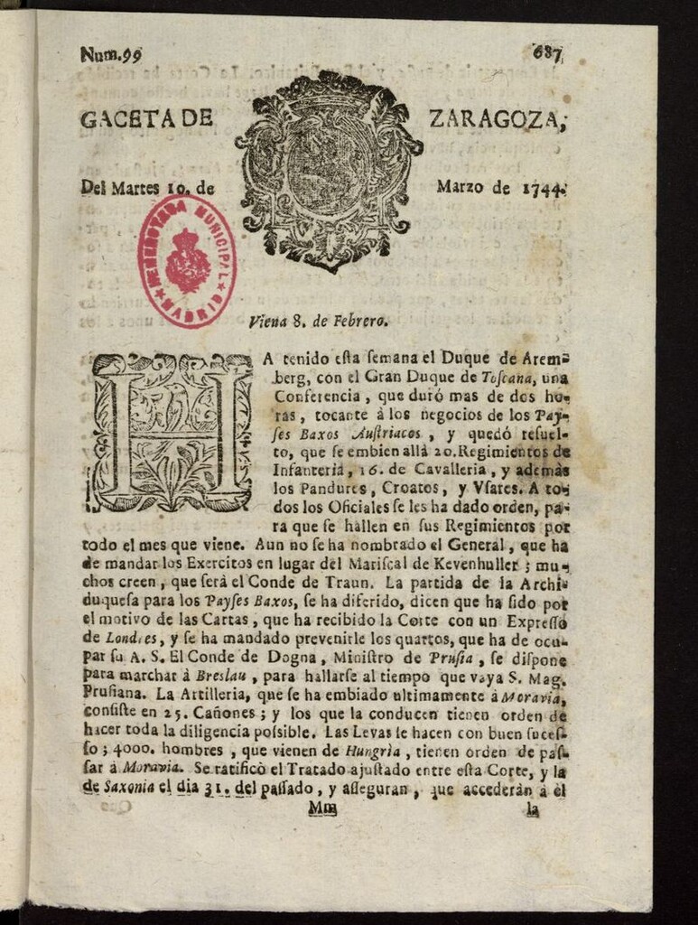 Miniatura de Gazeta de Zaragoza del 10 de marzo de 1744