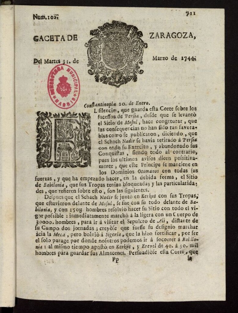 Miniatura de Gazeta de Zaragoza del 31 de marzo de 1744