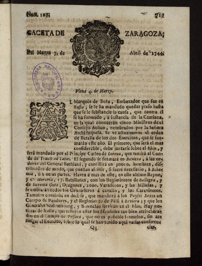 Miniatura de Gazeta de Zaragoza del 7 de abril de 1744