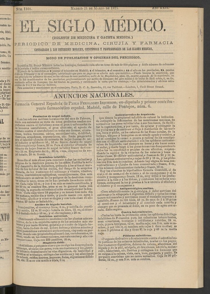 Miniatura de El Siglo Médico: boletín de medicina y gaceta médica del 21 de marzo de 1875