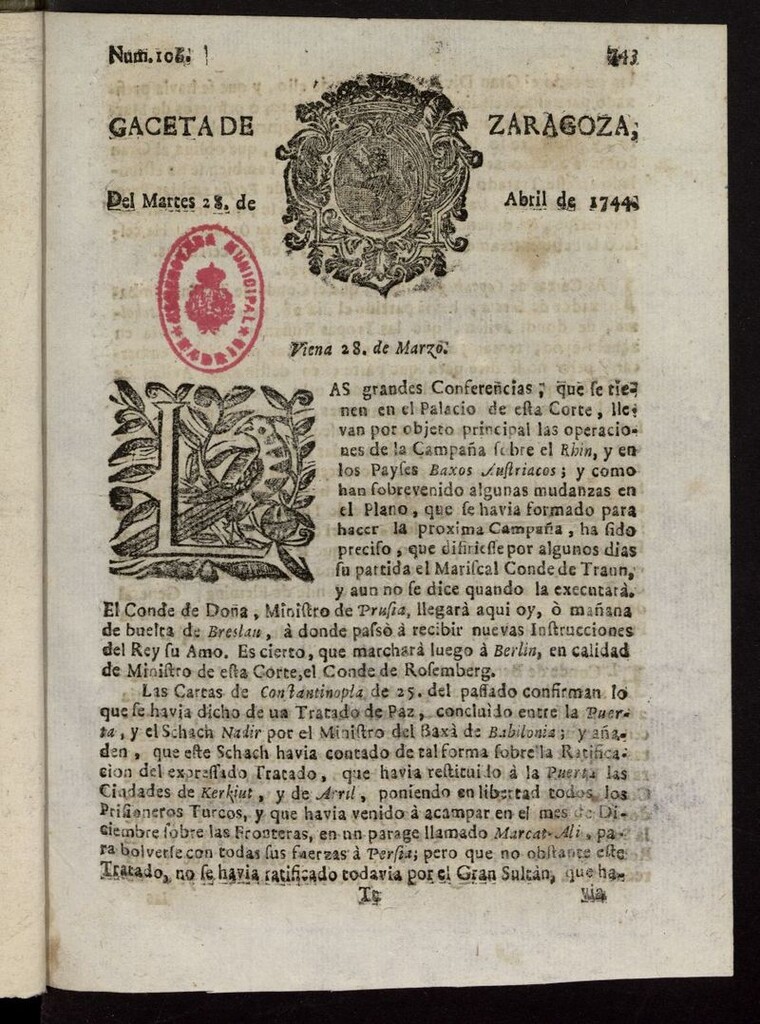 Miniatura de Gazeta de Zaragoza del 28 de abril de 1744