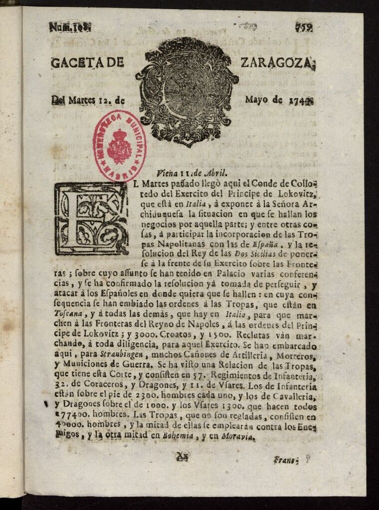 Miniatura de Gazeta de Zaragoza del 12 de mayo de 1744