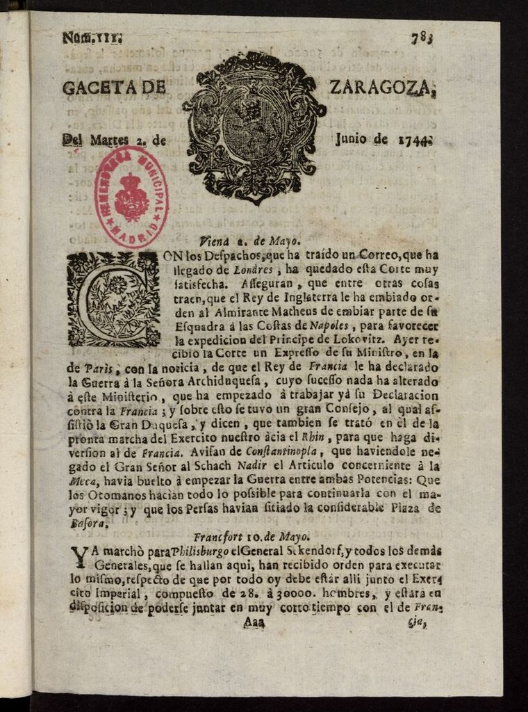 Miniatura de Gazeta de Zaragoza del 2 de junio de 1744