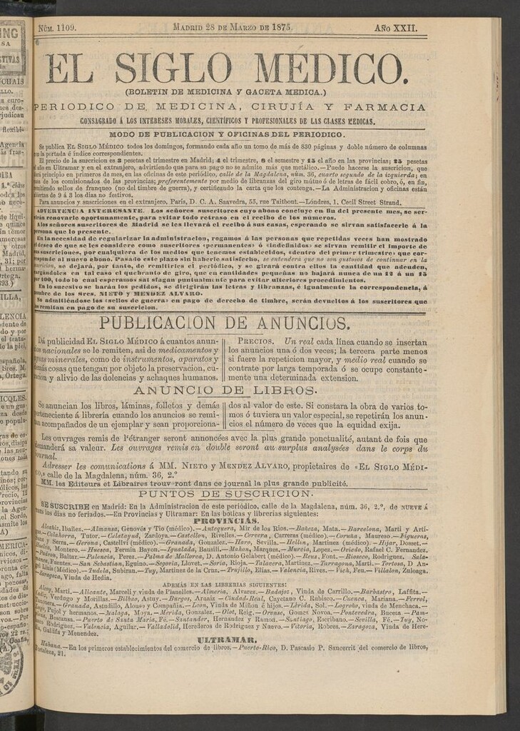 Miniatura de El Siglo Médico: boletín de medicina y gaceta médica del 28 de marzo de 1875