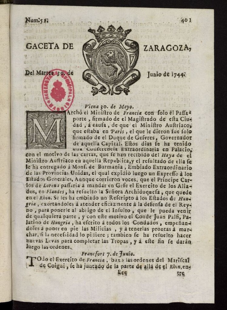 Miniatura de Gazeta de Zaragoza del 30 de junio de 1744